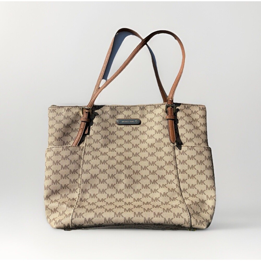 MICHAEL KORS Signature Natural/Orange Large Tote Logo Shoulder Bag
